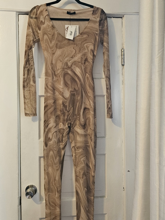 naked wardrobe Pants - Naked Wardrobe Marble-Print Jumpsuit/Bodysuit in Brown